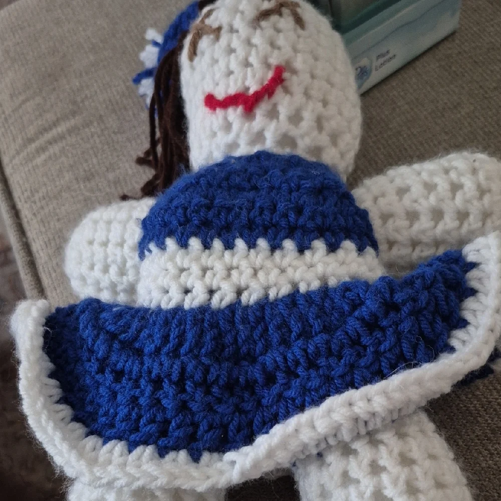 Vintage Handcrafted Crochet Doll in Blue and White